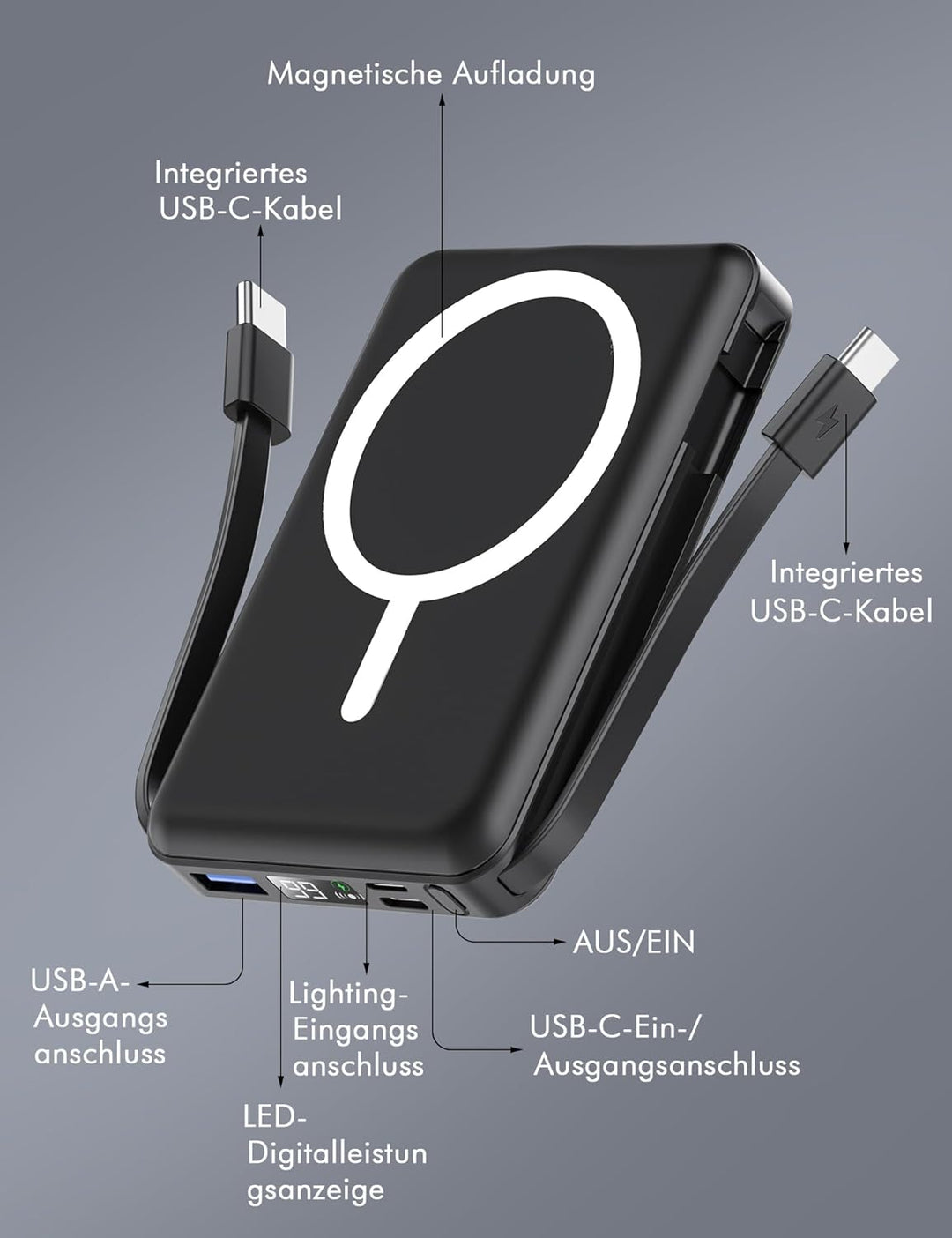 Podoru for Magsafe Powerbank, 10000mAh Magnetische Wireless Power Bank mit USB-C Kabel PD 20W Schnel