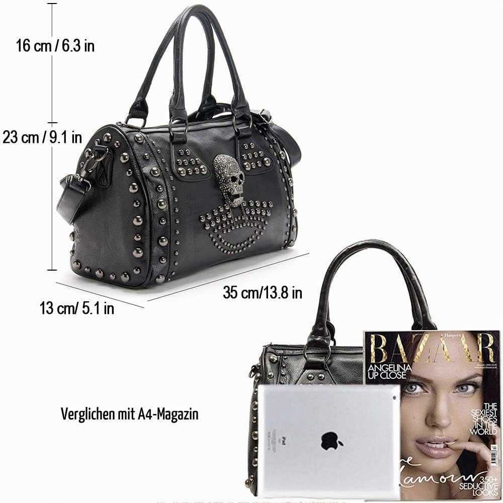 AlwaySky Womens Schädel Handtasche Grosse Kapazität Gothic Umhängetasche Beschlagene Doktor Handtasc