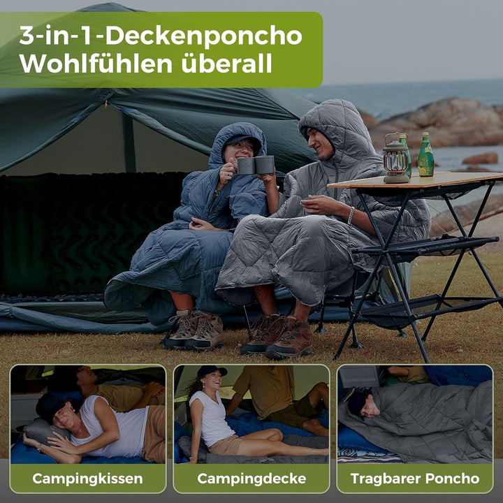 ATEPA Camping Poncho Decke & Tragbarer Schlafsack – Ultraleichte Warme Outdoor Decke Aus Recycelten