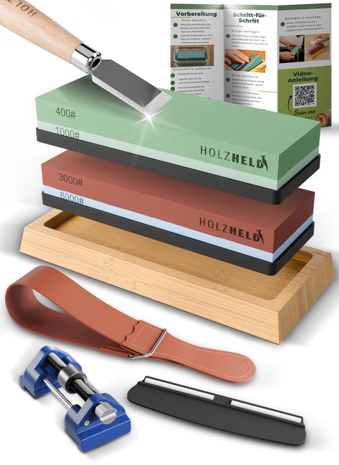 Schleifstein - Schärfen von Messer, Werkzeug und Stechbeitel inkl. Schleifhilfe - Profi Messerschlei