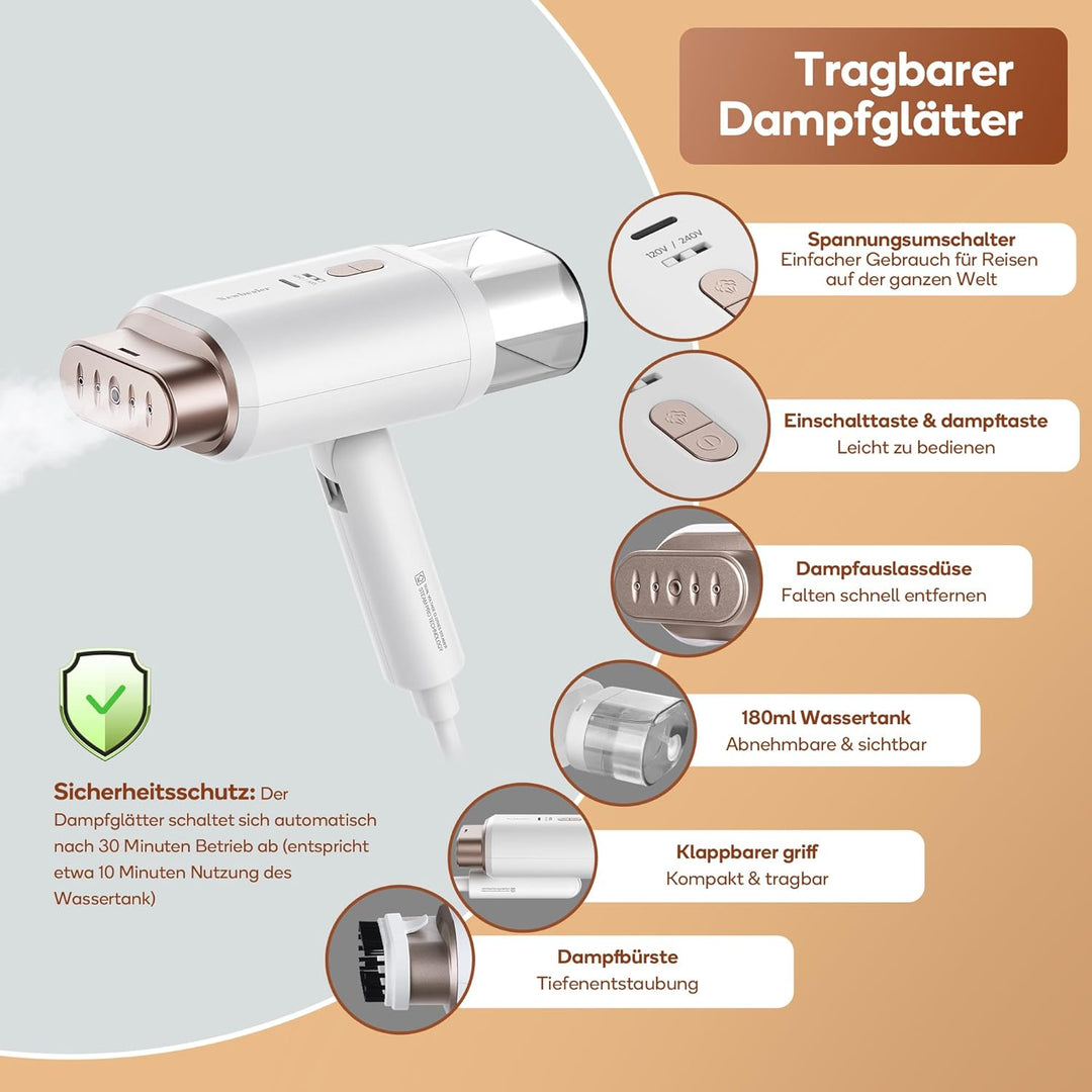 Newbealer Steamer Reise Dampfglätter, 2-in-1 Reisebügeleisen mit umschaltbarer Spannung - 220V/120V,