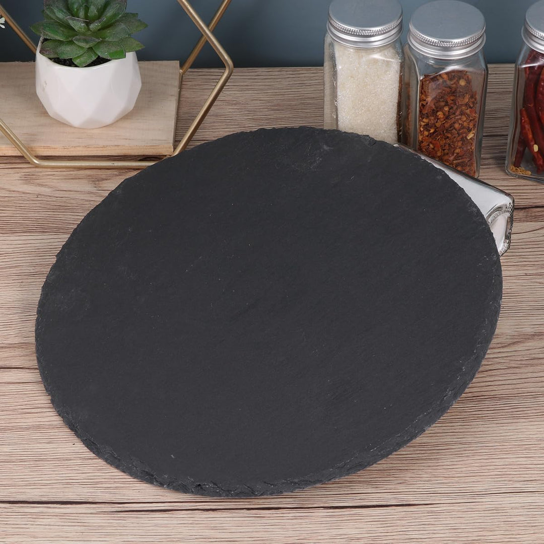Schieferplatte Rund 40cm aus Natürlichem Schwarzem Stein Elegante Servierplatte für Sushi und Steak