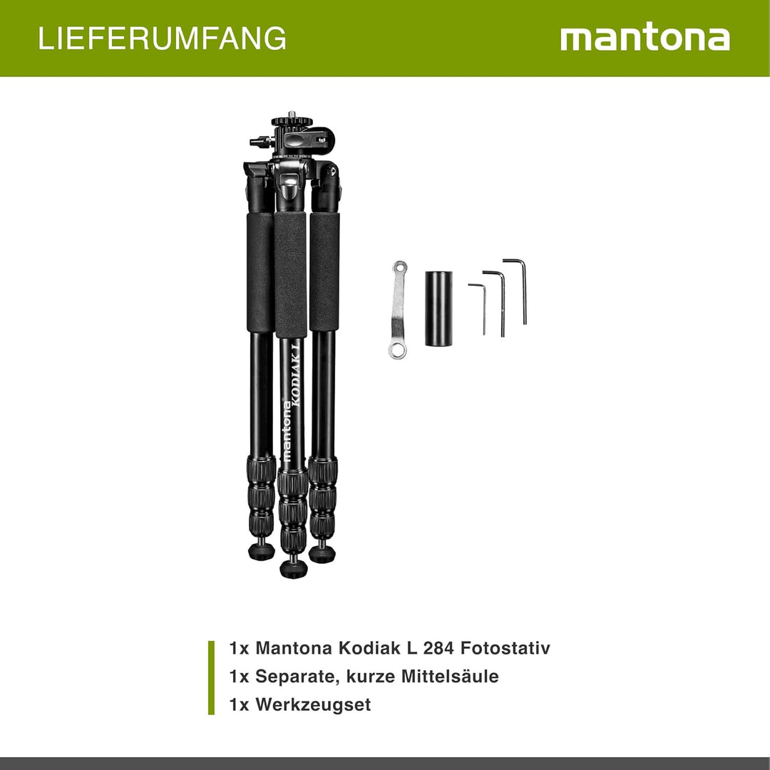 Mantona Kodiak L Fotostativ - 510 x 105 x 105 mm - 15 kg Traglast / 8-166 cm Höhe - Aluminium - stab