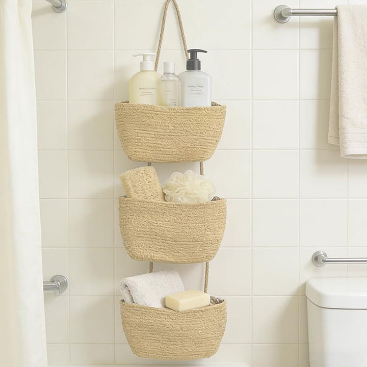 3-stöckiger Hängekorb aus Baumwollseil – Wand- & Türorganizer mit Türhaken & Klebehaken, Boho Aufbew