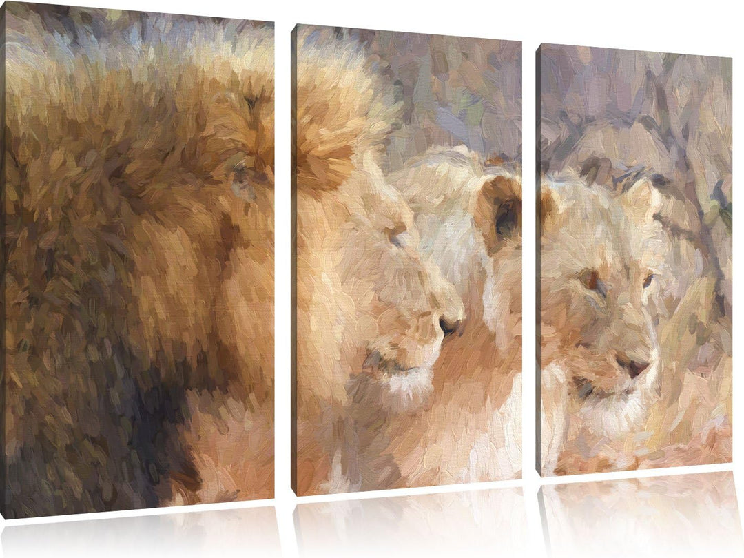 Pixxprint stolzes Löwenpaar Kunst als Leinwandbild | Grösse: 3 Teilig (120x80) | Wandbild| Kunstdruc