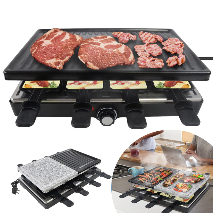 YRHome Raclette Grill für 8 Personen Multi-Grill mit Steinplatte und Grillplatte 1400W Tischgrill- 8