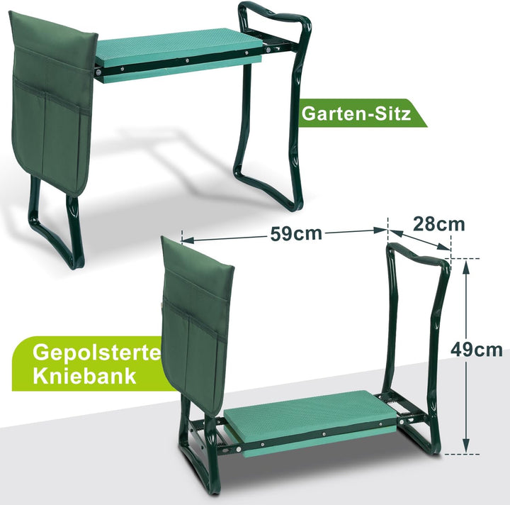 Kniebank für Gartenarbeit, gepolsterter Sitz, Klappbar, Arbeitshocker mit Werkzeugtasche, 59 x 49 x