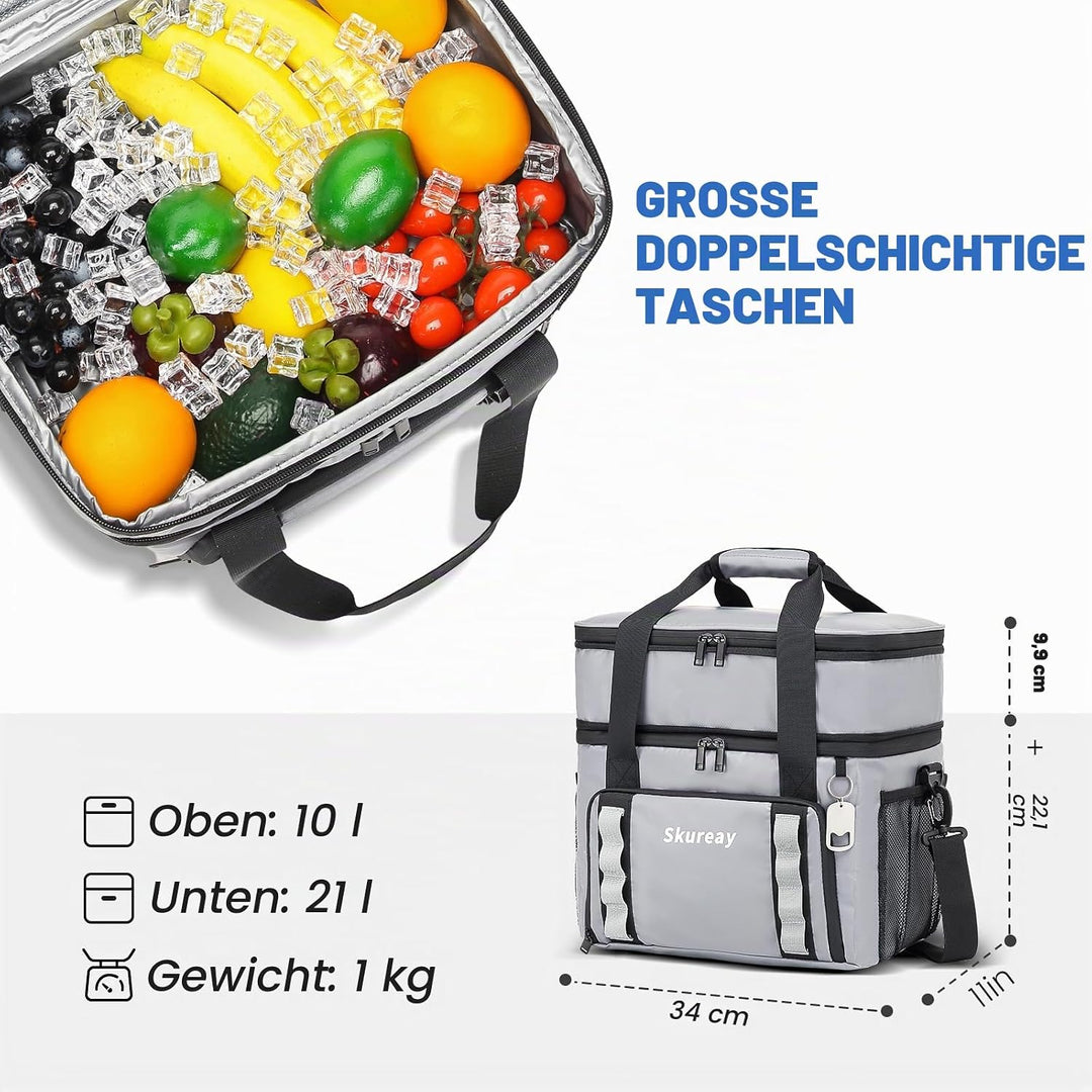 Grosse, erweiterbare Kühltasche aus weichem Material, doppelstöckige Lunchtasche für Damen und Herre