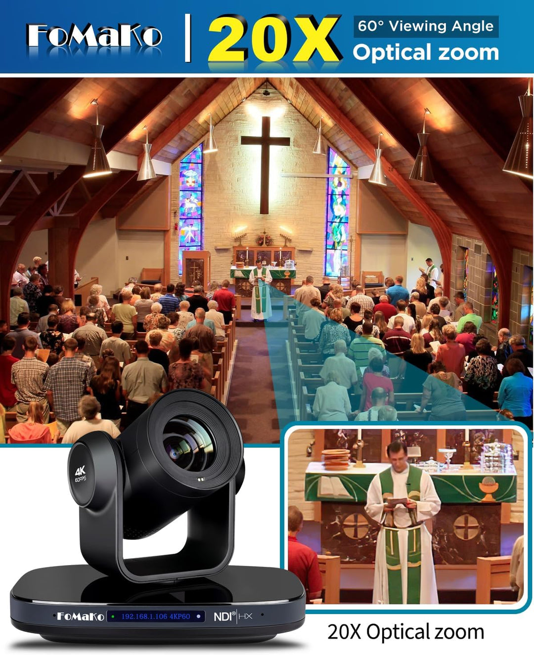 FoMaKo 4K@60fps NDI PTZ Kamera 20x Optischer Zoom, AI Tracking, mit 3G-SDI/USB 3.0/HDMI/IP/PoE, Prof
