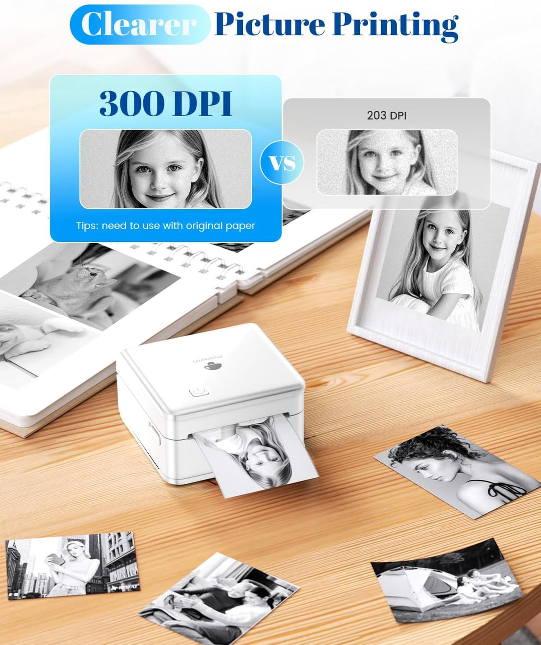 Phomemo Mini Thermodrucker 300DPI - Mini Fotodrucker, Schwarz-Weiss Foto-Thermo-Aufkleber Drucker, P
