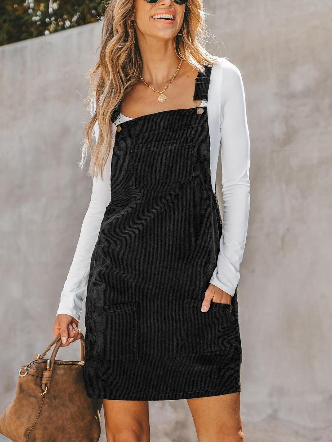CUPSHE Damen Latzrock Quadratischer Ausschnitt Hosenträger Taschen Cord Latzkleid Overallkleid Freiz