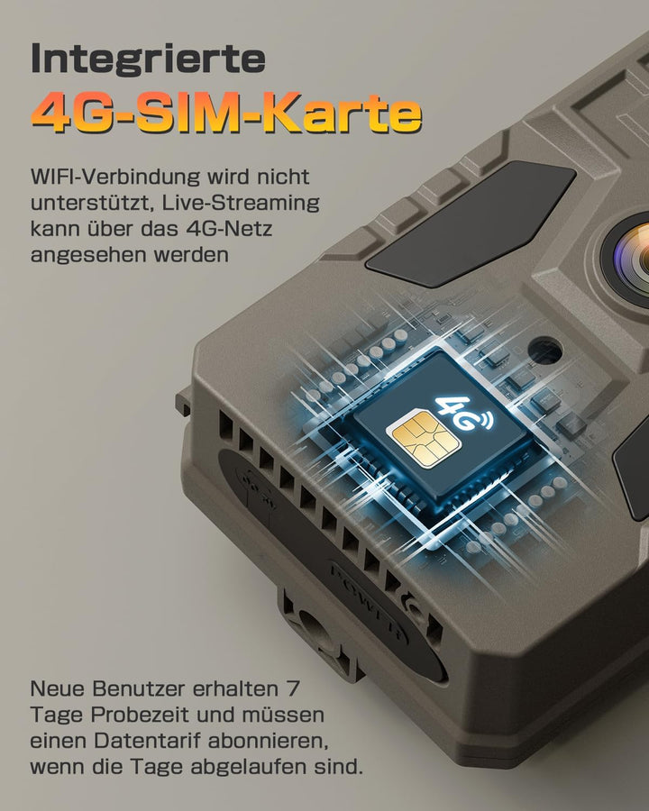 4G LTE Wildkamera mit Handyübertragung APP, Solar Überwachungskamera Aussen mit SIM Karte, 2K Wildti