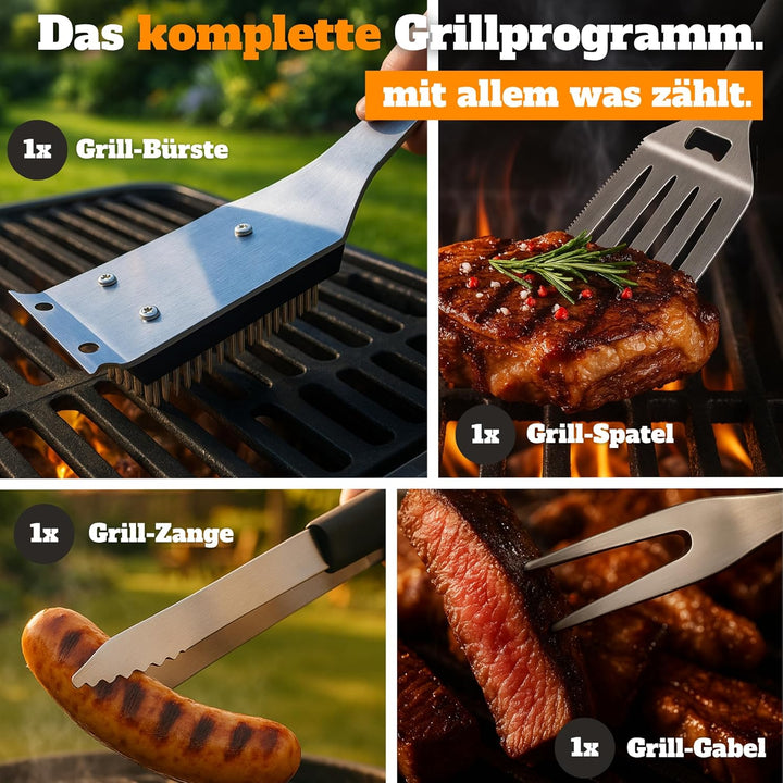 Grillset für Männer Geschenk in Holzkiste – Grillbesteck Set aus Edelstahl - 3-in-1 Spachtel & Reini