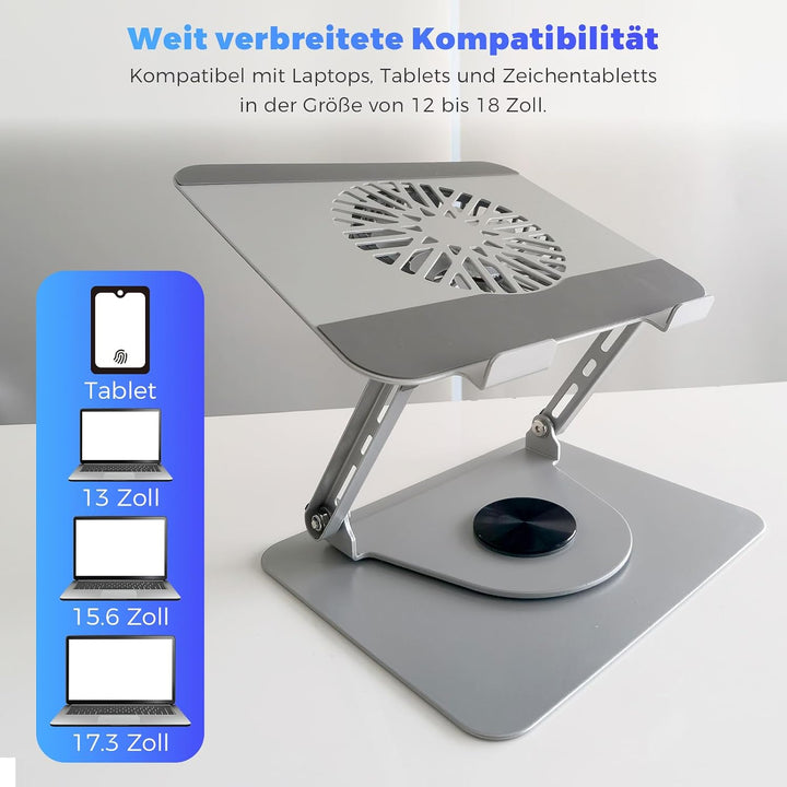 Laptop Ständer aus Aluminium, 360° Drehbar, Faltbar, mit Magnetischem Lüfter für Kühlung, Kompatibel
