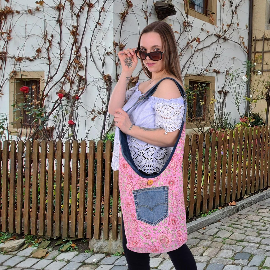 Sunsa Damen nachhaltige Hobo Tasche. Umhängetasche aus recycelte Jeans &amp; Baumwolle. Boho Blumig Cros