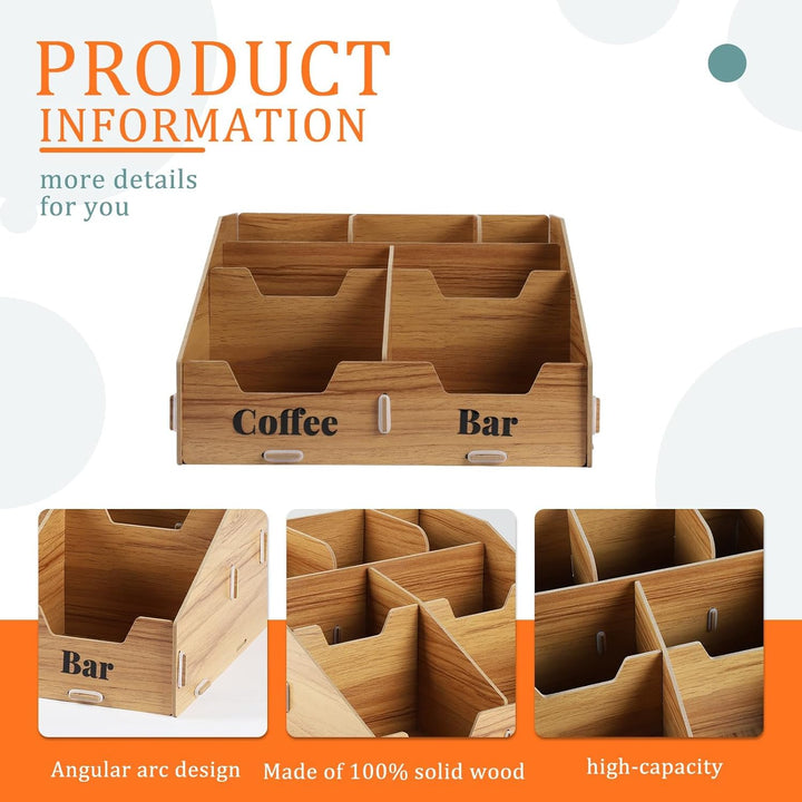 Kaffee Organizer Holz mit 7 Fächern & herausnehmbaren Trennwänden – Kaffeestation & Gewürz Organizer