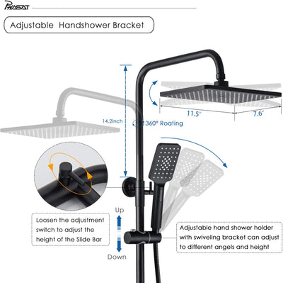 PHASAT Duschamatur Schwarz Bad Duschset Duschsystem Regendusche mit Armatur Thermostat Überkopfbraus
