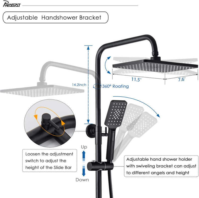 PHASAT Duschamatur Schwarz Bad Duschset Duschsystem Regendusche mit Armatur Thermostat Überkopfbraus
