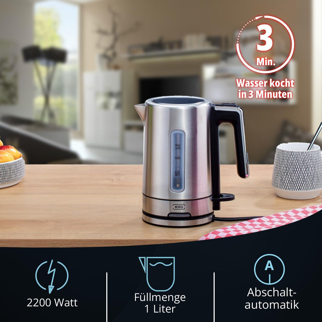 KHG Wasserkocher WK-106 GE Glas, 1 Liter, abwaschbarer Kalkfilter, Wasserstandsanzeige, Öffnen per K