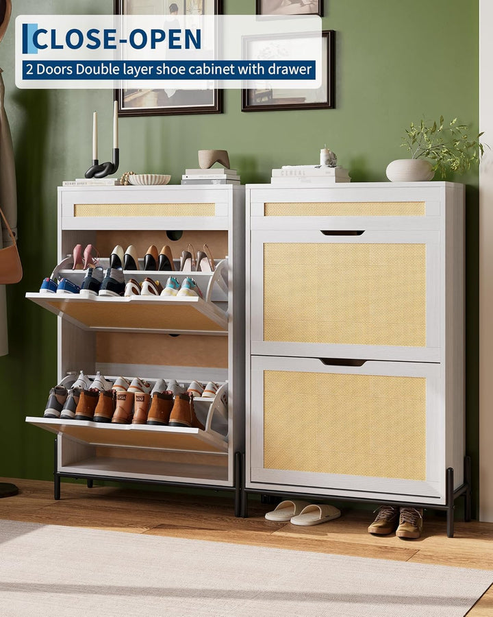 60×22×H104 Schuhschrank, 2 Klappen & 1 Schubladen, Rattan & Verstellbare Ablagen & Geschlossenes, Sh