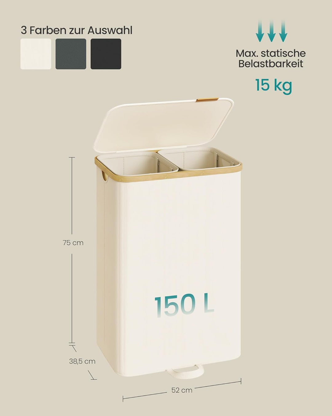 SONGMICS Wäschekorb mit Deckel, Wäschesammler, Wäschesortierer, Wäschetonne, Wäschesack herausnehmba