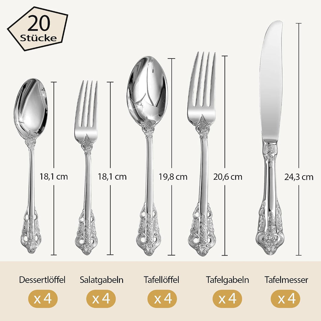Prächtiges Barock Silber 18/10 Edelstahl Besteck-Set mit 20 Teilen, rostfreies Edelstahl Besteck ink