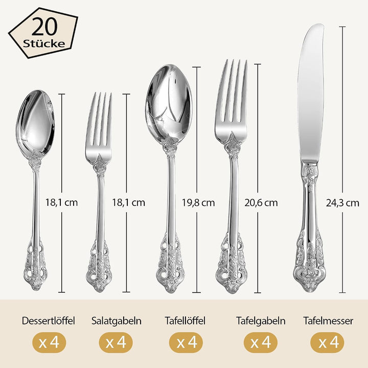 Prächtiges Barock Silber 18/10 Edelstahl Besteck-Set mit 20 Teilen, rostfreies Edelstahl Besteck ink