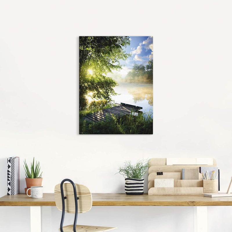 ARTland Leinwandbilder Wandbild Bild Leinwand 60x80 cm Natur Landschaft Wald Baum See Steg Sommer So