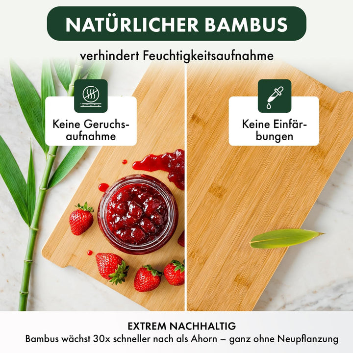 Blumtal Schneidebrett aus 100% Bambus - antibakteriell Holz-Brett mit Saftrille, Holz-Brettchen, 2 G