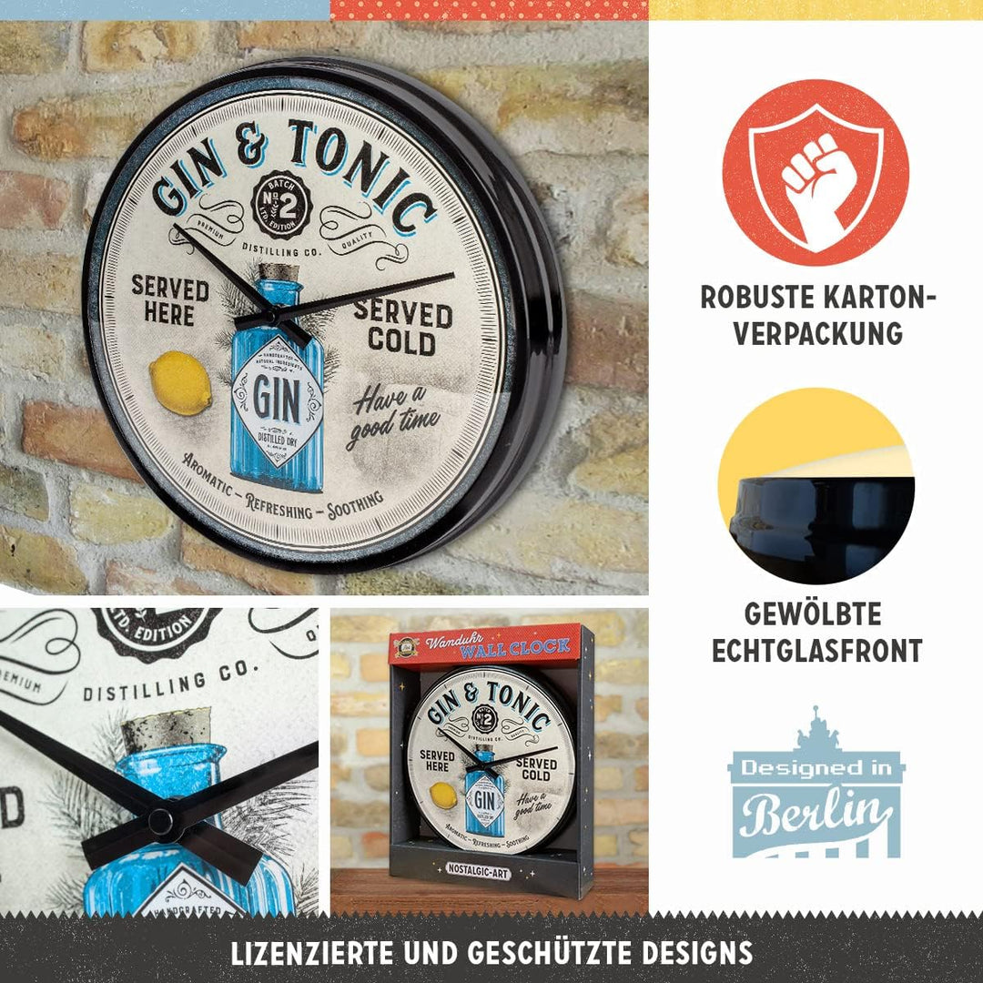 Nostalgic-Art Retro Wanduhr, Ø 31 cm, Gin & Tonic Served Here – Geschenk-Idee als Bar-Zubehör, Gross