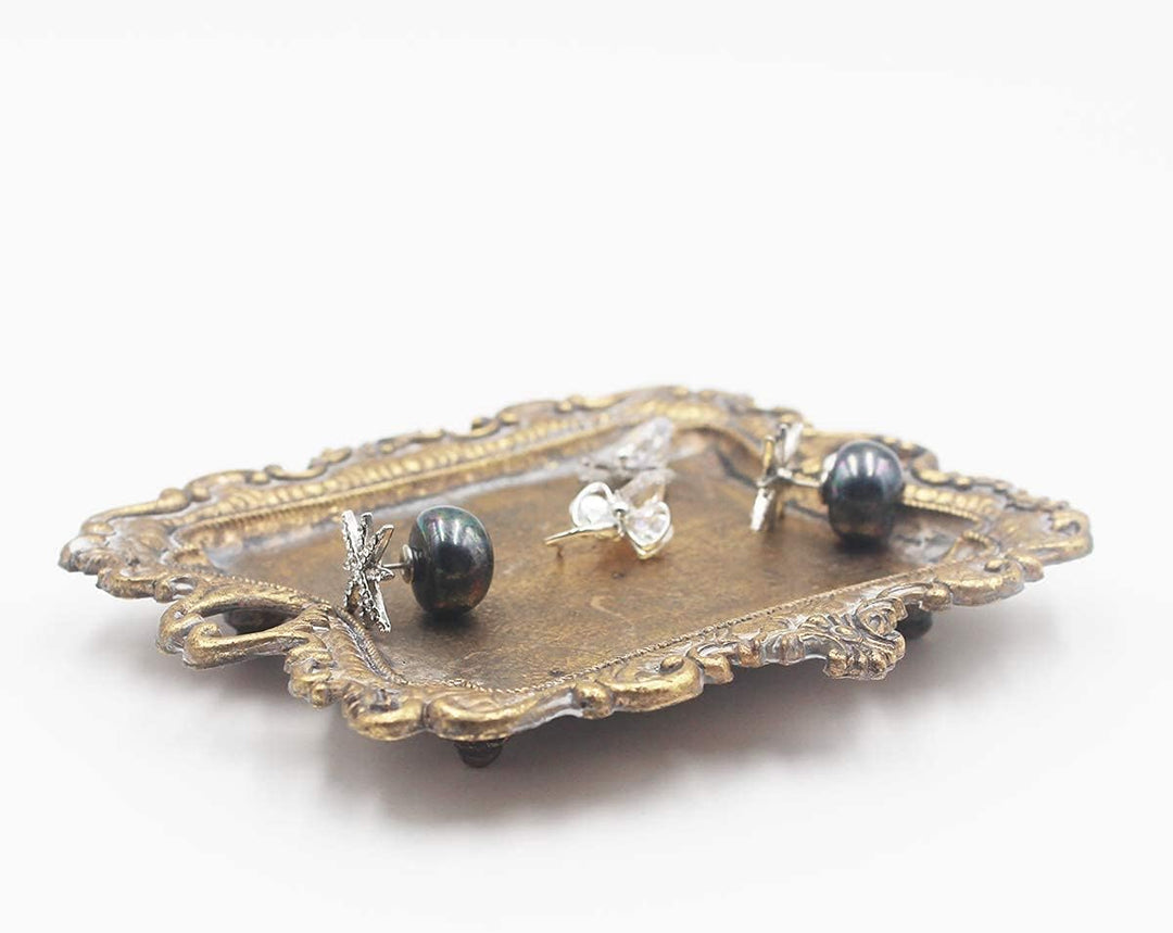 SharpCost Funly mee Small Antique Trinket Dish Vintage Gold Jewelry Tray , Ring Holder, Gold