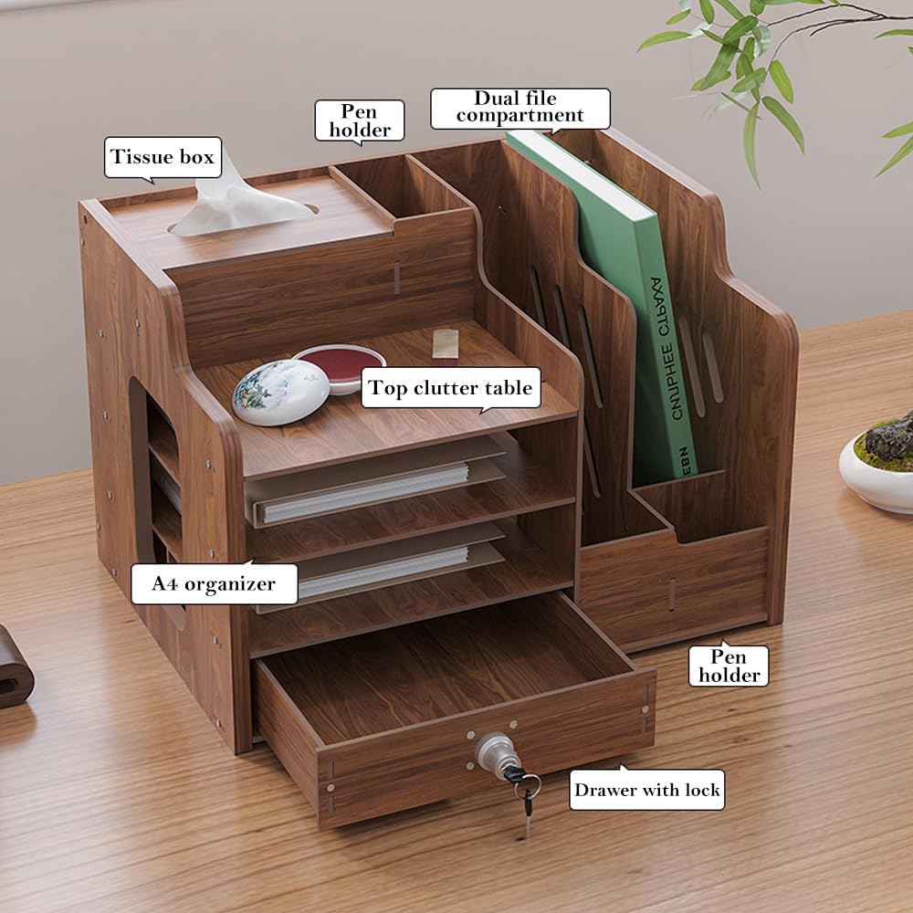 Hggzeg Schreibtisch-Organizer aus Holz,grosse Kapazität,Schreibtisch-Organizer,Aktenregal,A4-Papier-