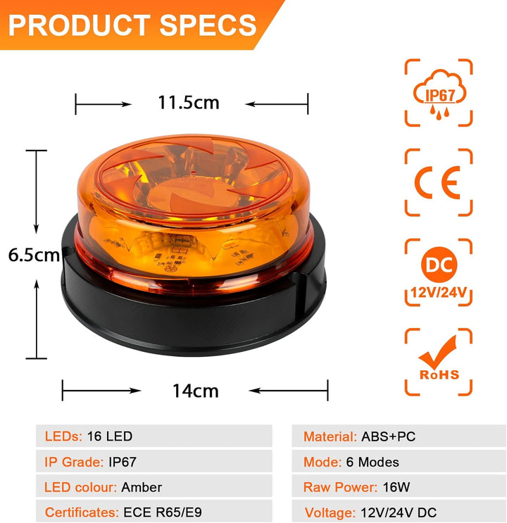 Qiping 1PCS LED Rundumleuchte Orange Warnleuchte Gelb 12V 24V Wasserdicht 6 Modes E-Prüfzeichen für