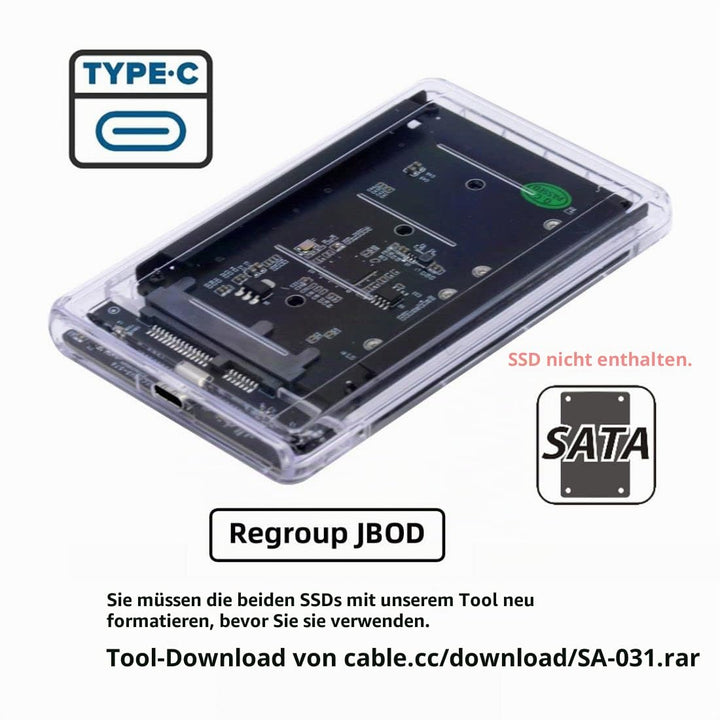 CY M.2 SATA SSD auf 2.5inch SATA Adapter,Dual NGFF B+M Key M.2 SSD auf USB C JOBD Raid0 Span Bridge