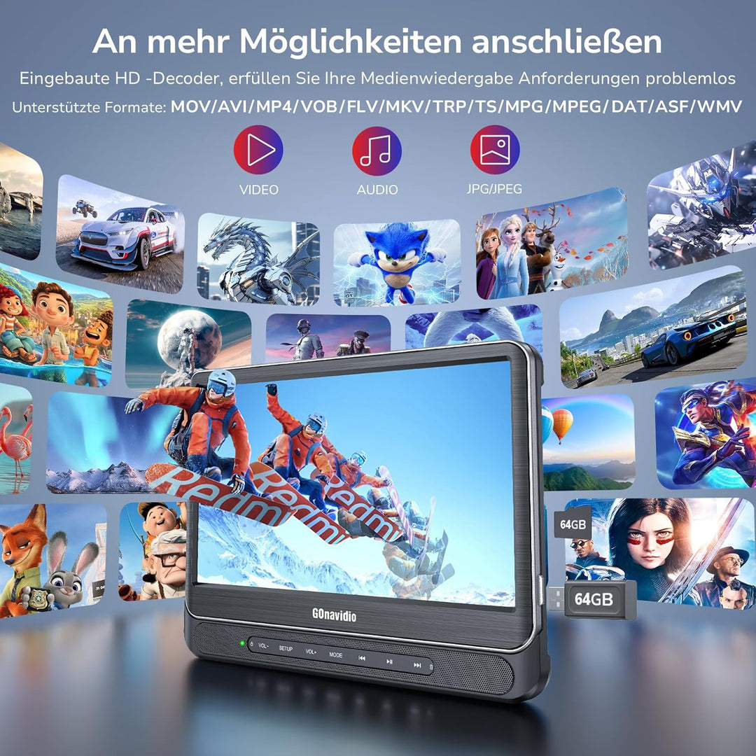 12" Doppel Auto DVD Player mit HDMI-Eingang, Auto Kopfstützen Player für Kinder mit Kopfhörern, unte