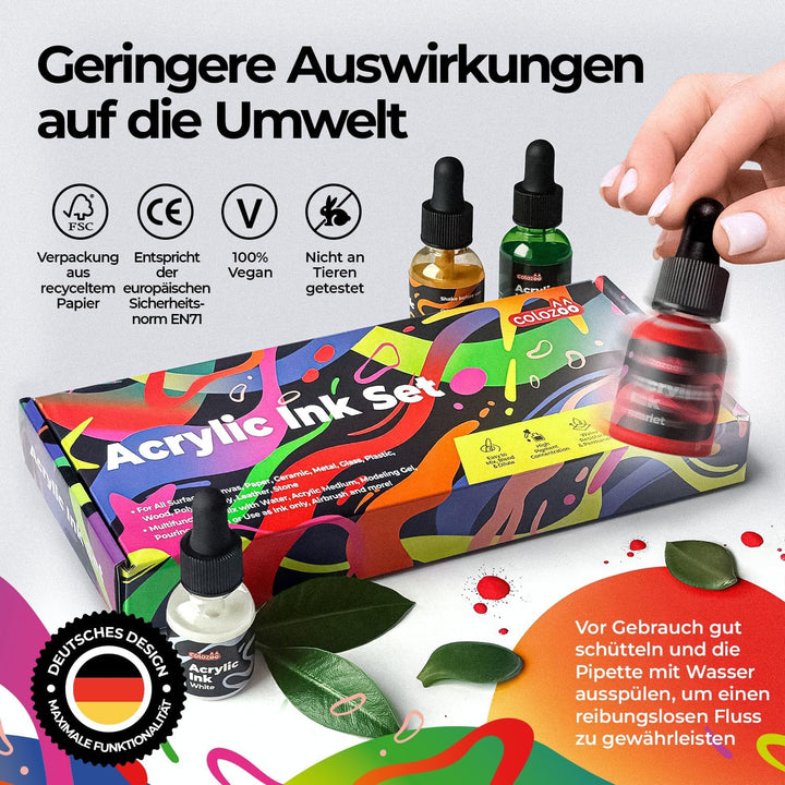 8x20ml Acrylic Ink Set, Permanent, Wasserfeste, Acryltinte inklusive 6 Primärfarben & 2 Neon Farben,