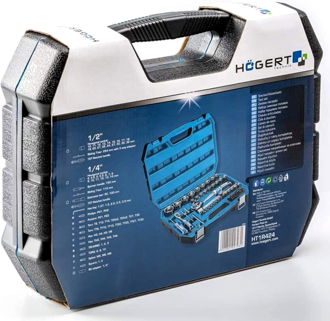 Högert Technik - Werkzeugset I Steckschlüssel, Bits und Zubehör I 1/4” und 1/2” I Legiertem Cr-V-Sta
