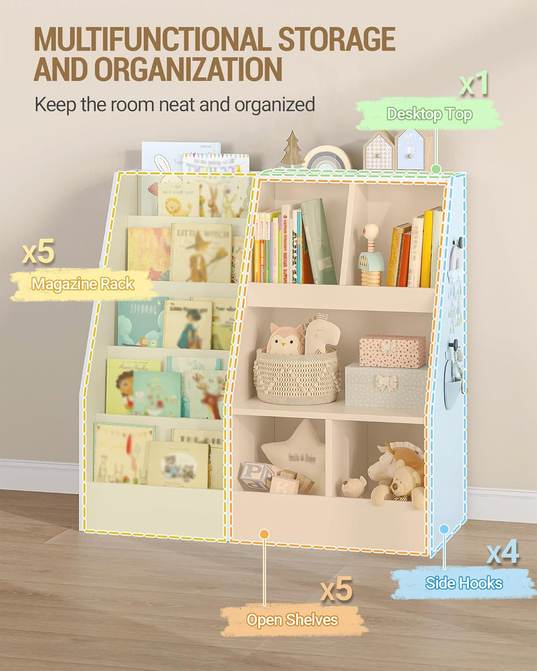 Hzuaneri Kinderregal, Spielzeugregal mit 5-Regalebenen und 5 offene Fächer, Kinderbücherregal, Kinde