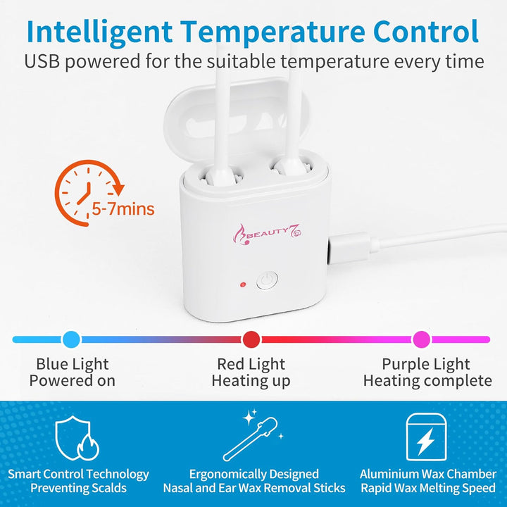 BEAUTY7 USB Ohren - & Nasenhaar Wachs Set Mini Wachswärmer USB-C Anschluss inkl. vorbereiteten 26 Wa