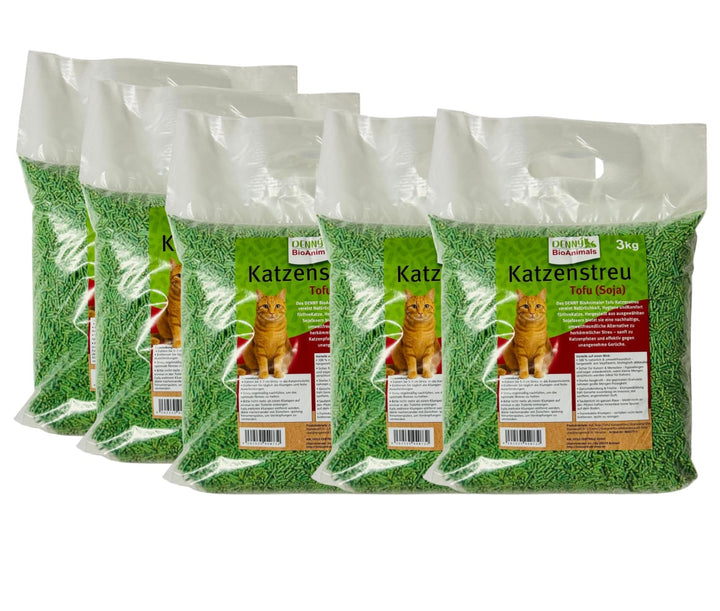 Tofu Katzenstreu 15 kg/40 L (5 Säcke je 3 kg) – Schnell klumpend &amp; staubfrei – 100% pflanzlich, biol