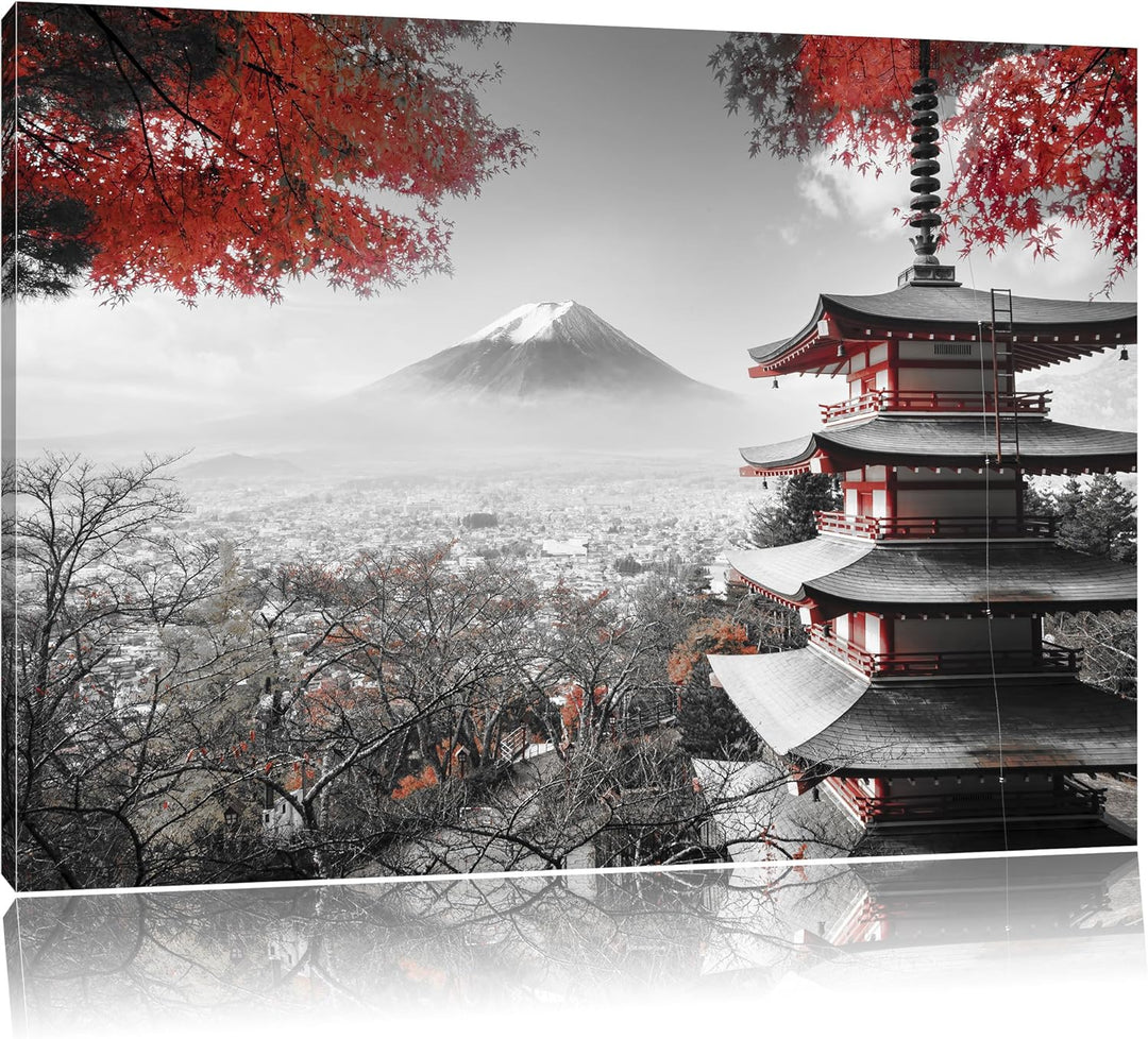 Pixxprint Japanischer Tempel im Herbst Schwarz/Weiss, Format: 100x70 auf Leinwand, 100x70