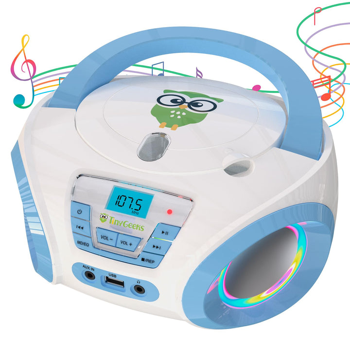 Tinygeeks Tunes Kids CD Player für Kinder - NEU 2024 - UKW-Radio - Inklusive Batterien - Blau - Boom