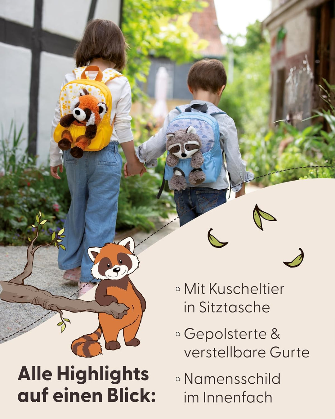 NICI Kinderrucksack rosa 2 in 1 mit Kuscheltier Roter Panda 25cm - Kindergartenrucksack Mädchen & Ju