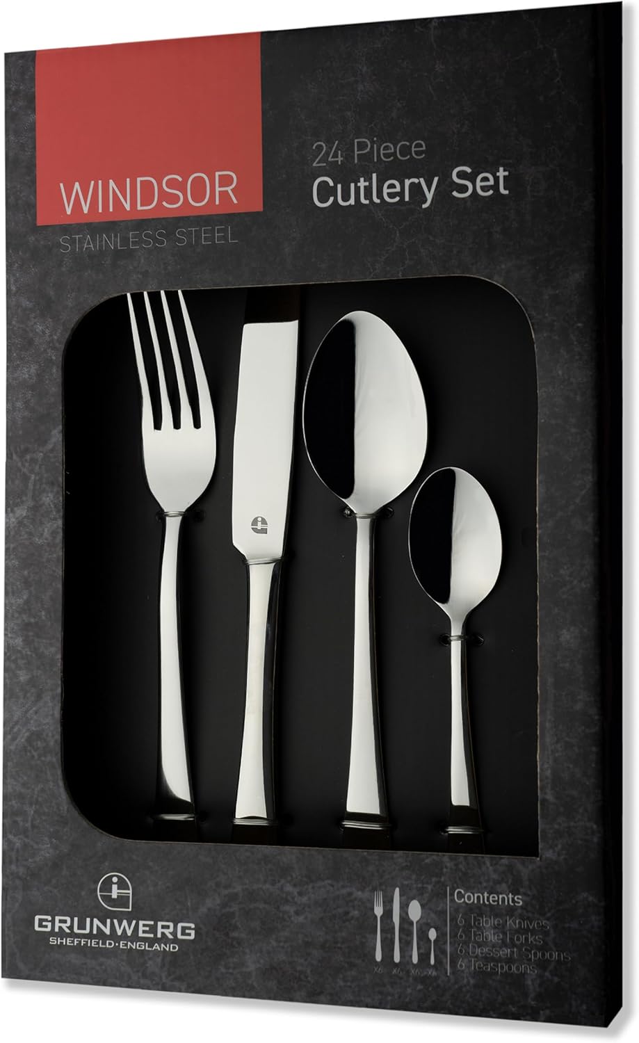Grunwerg Luxus 24-teilig Besteck Set in einer Geschenkbox – WINDSOR STIL, 18/10 Edelstahl, gemischte