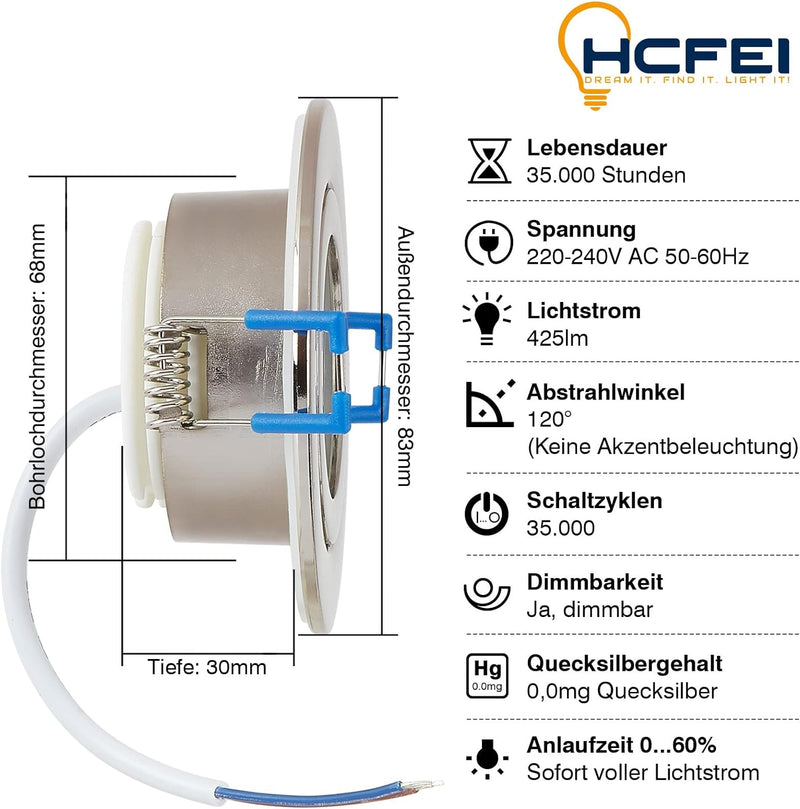 HCFEI 6er Set LED Einbaustrahler Chrom gebürstet - rund flach 5 Watt dimmbar Warmweiss 3000K 230V IP