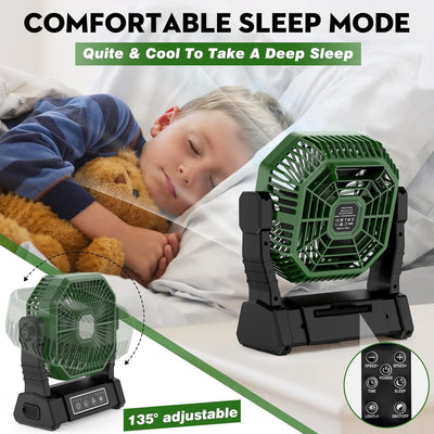 Camping Ventilator mit LED-Licht, Wiederaufladbarer Camping Fan mit Haken & Fernbedienung, 4 Geschwi