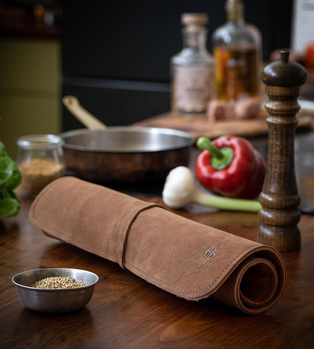 Angus Stoke Messertasche Kochmesser - Premium Leder Kochmesserrolle gross – Messer Tasche Köche - Ko