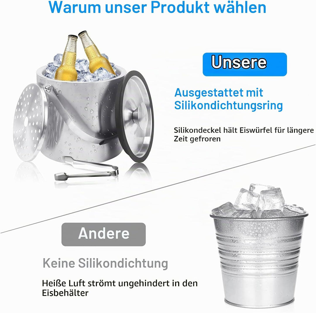 Eiswürfelbehälter Edelstahl, 4L Eiswürfelbehälter mit Deckel, Sieb Und Eiszange, Doppelwandig Isolie