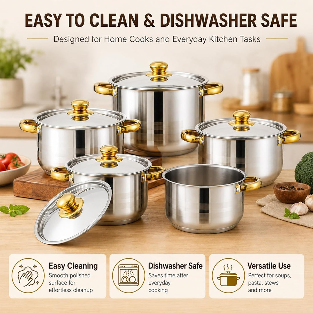 Topfset Edelstahl 10-teilig für Induktion, Kochtopf Set mit Glasdeckel, 5 Kochtöpfe von 18 bis 26 cm
