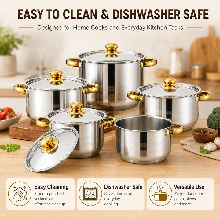 Topfset Edelstahl 10-teilig für Induktion, Kochtopf Set mit Glasdeckel, 5 Kochtöpfe von 18 bis 26 cm